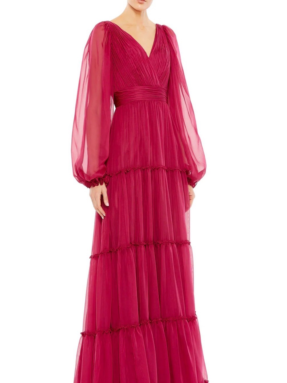 Mac Duggal Raspberry V-Neck Long Sleeve Tiered Maxi Dress